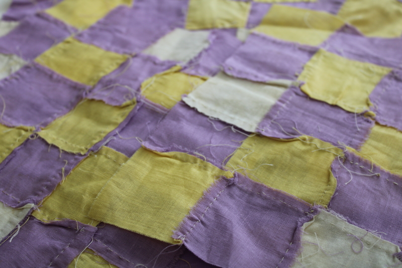 photo of vintage hand stitched cotton quilt blocks, patchwork solid colors lilac lavender & yellow #5