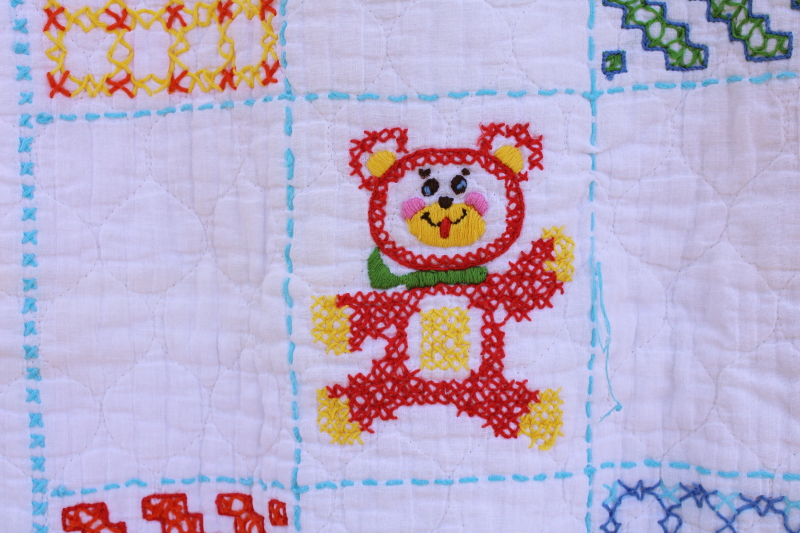 photo of vintage hand stitched embroidered baby blanket, quilt w/ cross stitch embroidery #2