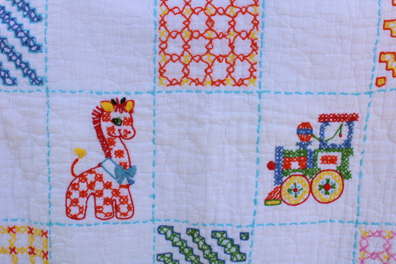 photo of vintage hand stitched embroidered baby blanket, quilt w/ cross stitch embroidery #3