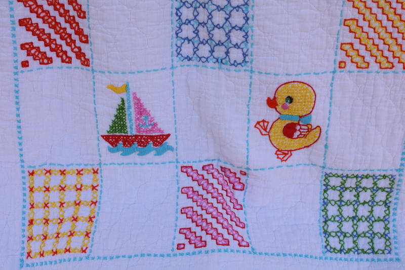 photo of vintage hand stitched embroidered baby blanket, quilt w/ cross stitch embroidery #4