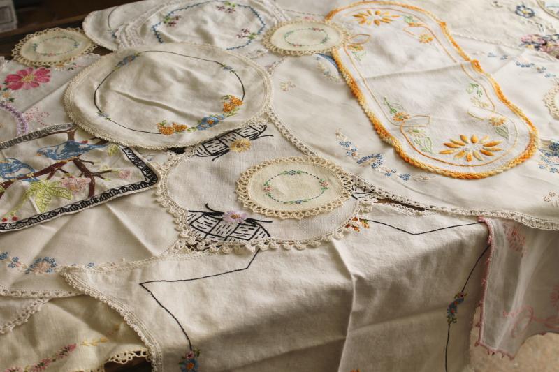 photo of vintage hand stitched embroidered doilies lot, cotton fabric rounds & long table mats #1