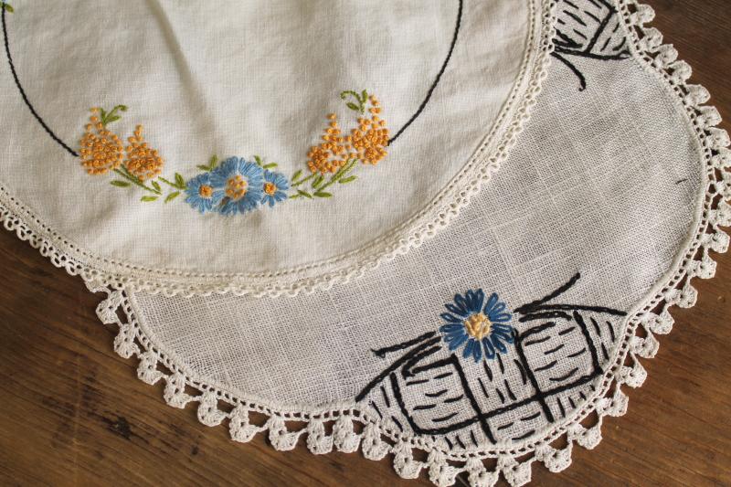 photo of vintage hand stitched embroidered doilies lot, cotton fabric rounds & long table mats #7