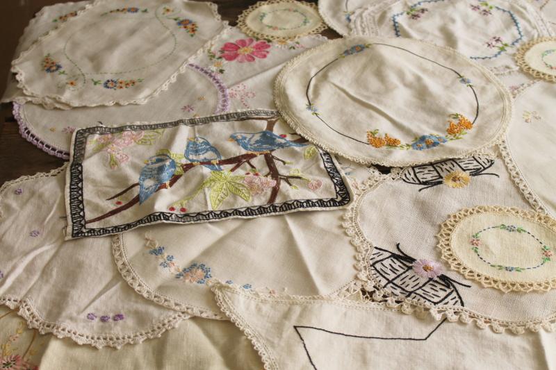 photo of vintage hand stitched embroidered doilies lot, cotton fabric rounds & long table mats #12