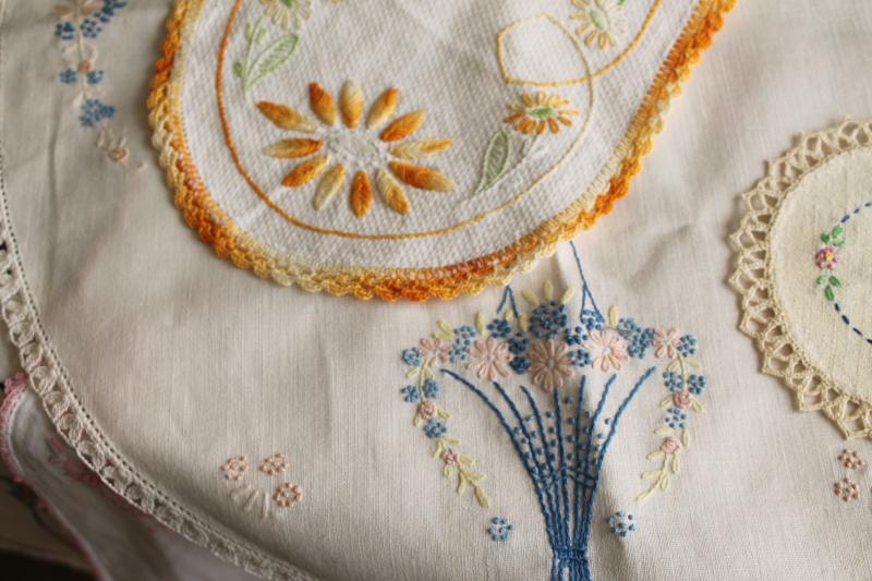 photo of vintage hand stitched embroidered doilies lot, cotton fabric rounds & long table mats #17