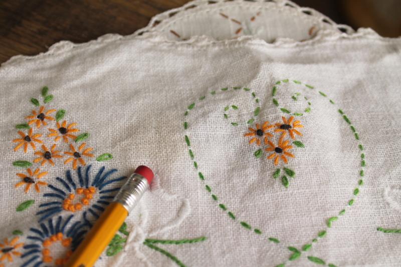 photo of vintage hand stitched embroidered doilies lot, cotton fabric rounds & long table mats #21