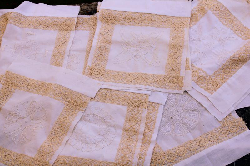 photo of vintage hand stitched embroidered quilt blocks, candlewick embroidery whitework w/ lace #9