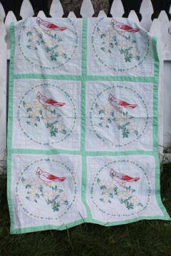 catalog photo of vintage hand stitched embroidered quilt blocks cardinal birds small cotton wall hanging