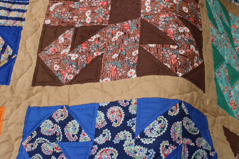 photo of vintage hand stitched handmade patchwork quilt, all cotton fabrics brown w/ mid century prints, retro colors  #2