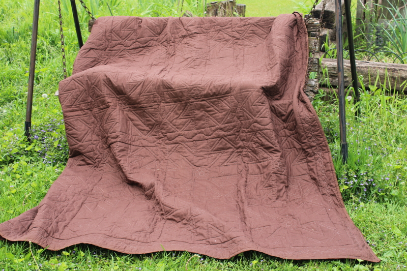 photo of vintage hand stitched handmade patchwork quilt, all cotton fabrics brown w/ mid century prints, retro colors  #3