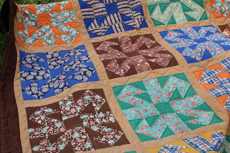 photo of vintage hand stitched handmade patchwork quilt, all cotton fabrics brown w/ mid century prints, retro colors  #4