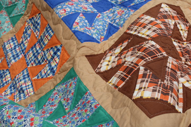 photo of vintage hand stitched handmade patchwork quilt, all cotton fabrics brown w/ mid century prints, retro colors  #5
