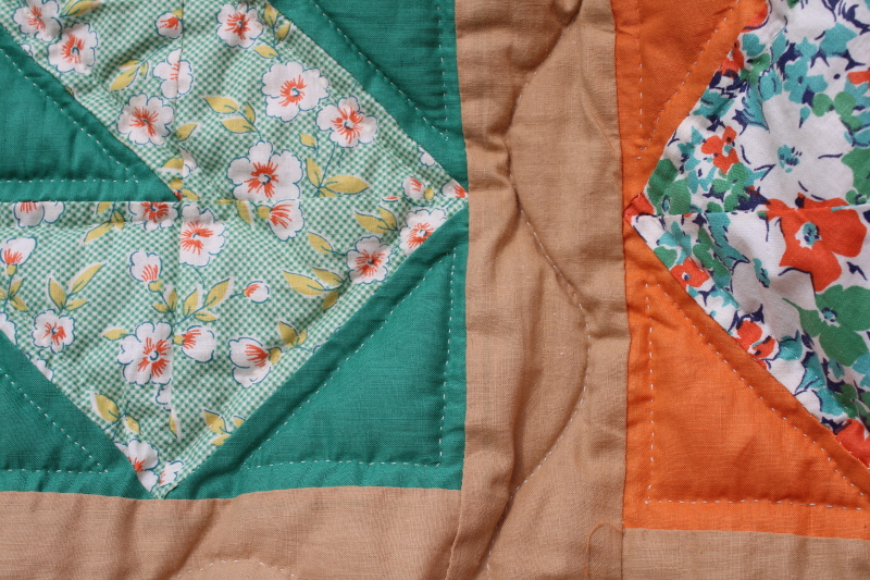 photo of vintage hand stitched handmade patchwork quilt, all cotton fabrics brown w/ mid century prints, retro colors  #6