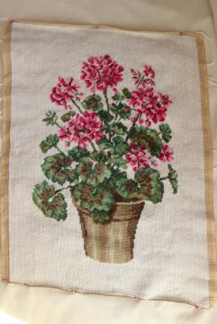 catalog photo of vintage hand stitched needlepoint, pink geraniums floral needlework to frame or upcycle