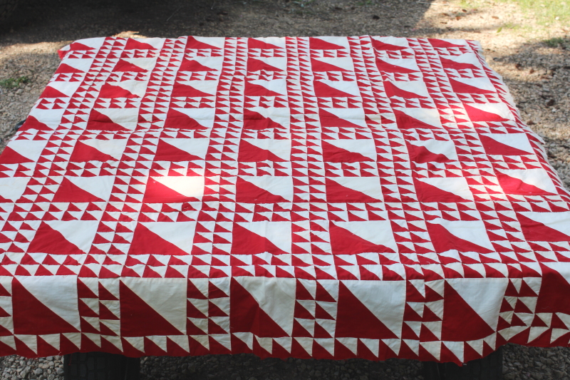 photo of vintage hand stitched patchwork quilt top red & white cotton, half squares w/ triangles borders  #1