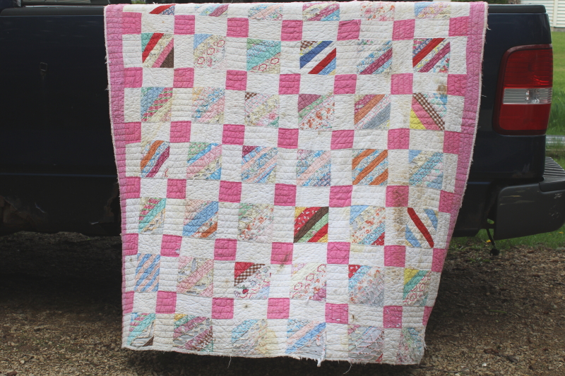 photo of vintage hand stitched quilt, all cotton fabric soft & worn, pink & white w/ pretty prints #1