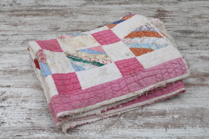 photo of vintage hand stitched quilt, all cotton fabric soft & worn, pink & white w/ pretty prints #2