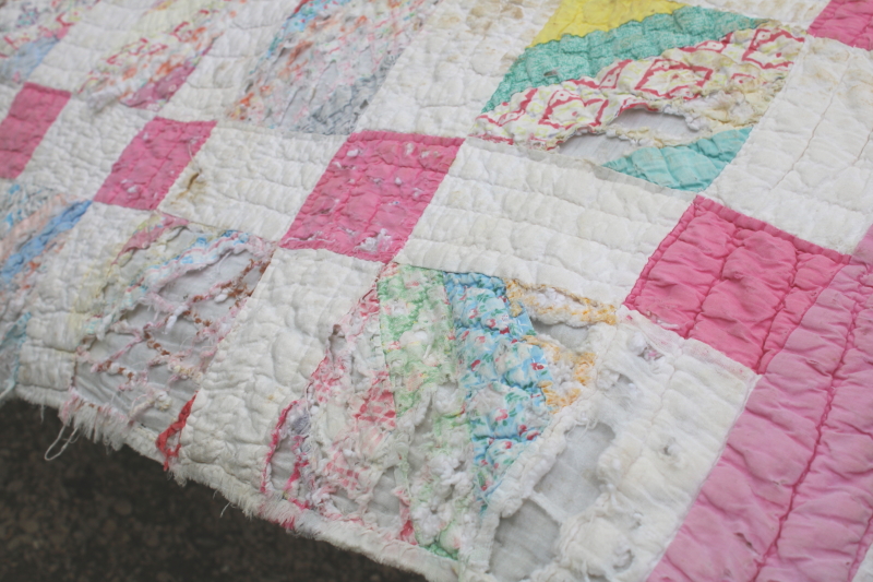 photo of vintage hand stitched quilt, all cotton fabric soft & worn, pink & white w/ pretty prints #3