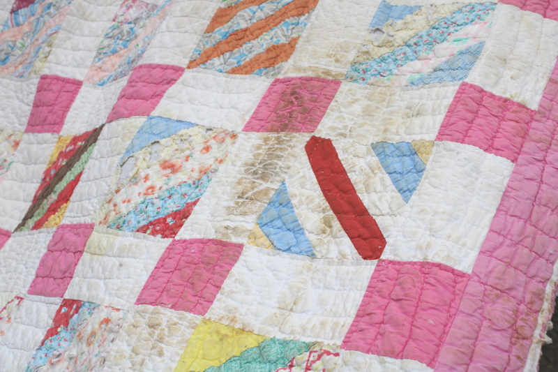 photo of vintage hand stitched quilt, all cotton fabric soft & worn, pink & white w/ pretty prints #4
