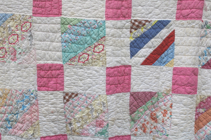 photo of vintage hand stitched quilt, all cotton fabric soft & worn, pink & white w/ pretty prints #5
