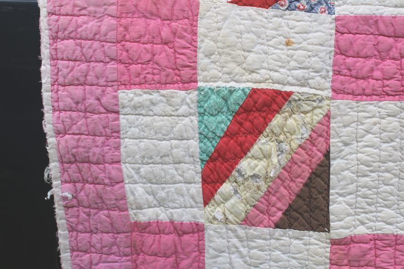 photo of vintage hand stitched quilt, all cotton fabric soft & worn, pink & white w/ pretty prints #6