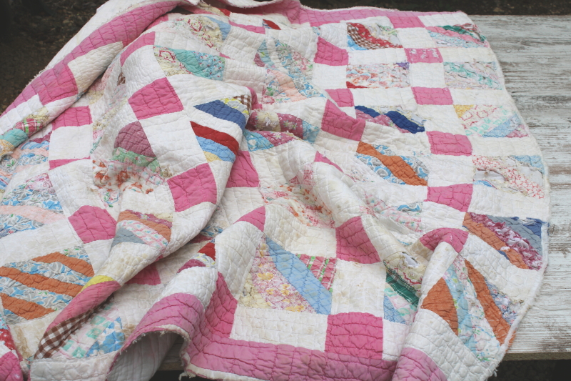 photo of vintage hand stitched quilt, all cotton fabric soft & worn, pink & white w/ pretty prints #7
