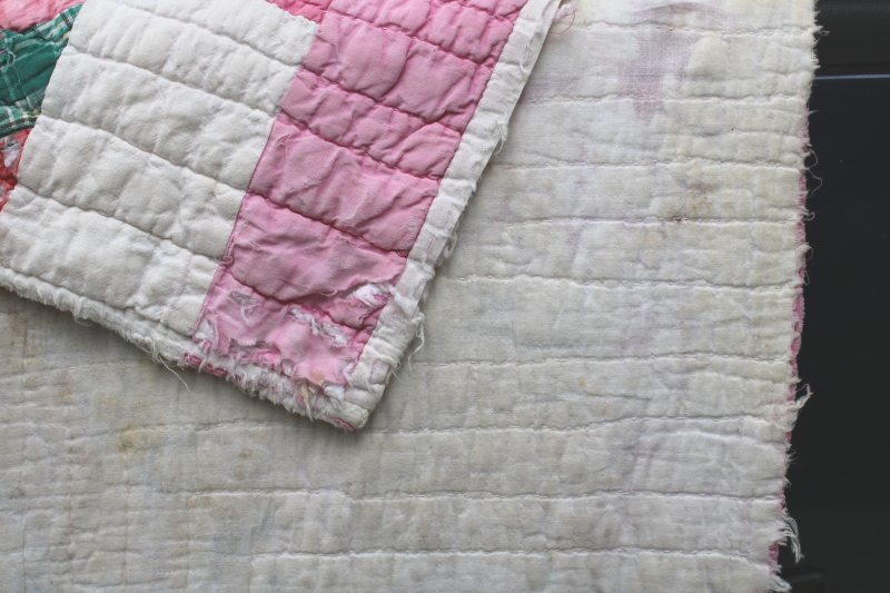 photo of vintage hand stitched quilt, all cotton fabric soft & worn, pink & white w/ pretty prints #8