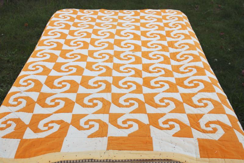 photo of vintage hand stitched quilt, snailâ€™s trail patchwork mustard gold & white #1