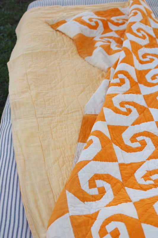 photo of vintage hand stitched quilt, snailâ€™s trail patchwork mustard gold & white #8