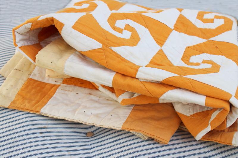 photo of vintage hand stitched quilt, snailâ€™s trail patchwork mustard gold & white #9