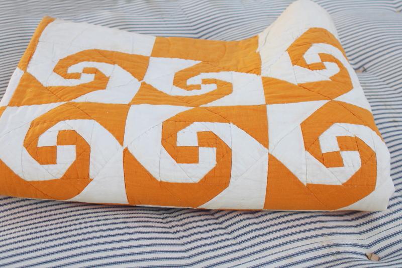 photo of vintage hand stitched quilt, snailâ€™s trail patchwork mustard gold & white #10