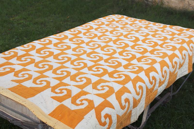 photo of vintage hand stitched quilt, snailâ€™s trail patchwork mustard gold & white #12