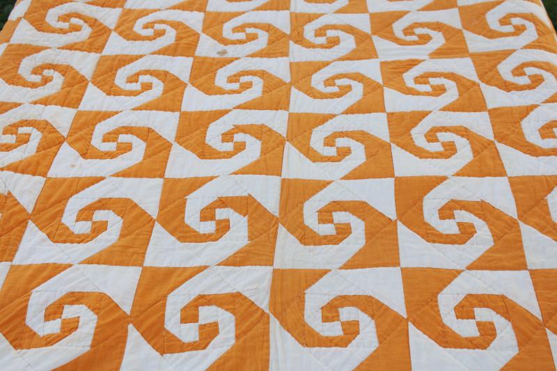 photo of vintage hand stitched quilt, snailâ€™s trail patchwork mustard gold & white #14