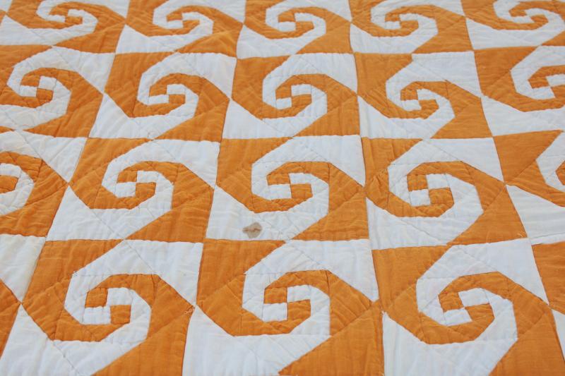 photo of vintage hand stitched quilt, snailâ€™s trail patchwork mustard gold & white #15