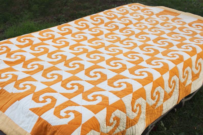 photo of vintage hand stitched quilt, snailâ€™s trail patchwork mustard gold & white #16