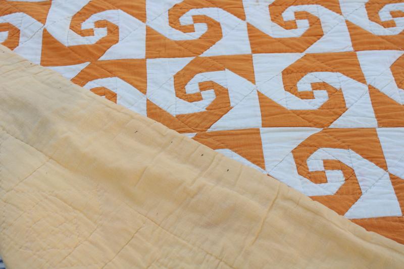 photo of vintage hand stitched quilt, snailâ€™s trail patchwork mustard gold & white #17