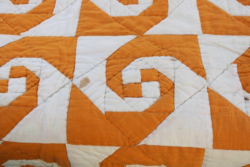 photo of vintage hand stitched quilt, snailâ€™s trail patchwork mustard gold & white #18