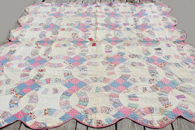 photo of vintage hand stitched wedding ring quilt, feed sack fabric w/ cotton prints #9