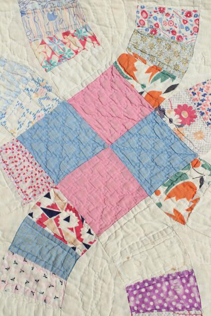 photo of vintage hand stitched wedding ring quilt, feed sack fabric w/ cotton prints #13