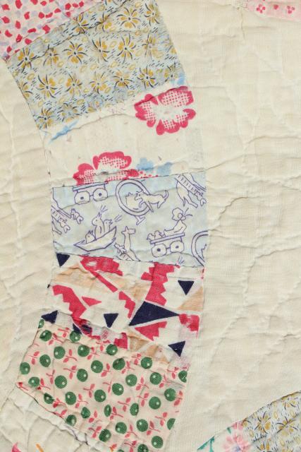 photo of vintage hand stitched wedding ring quilt, feed sack fabric w/ cotton prints #14