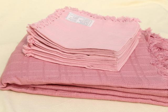 photo of vintage hand woven cotton tablecloth & fringed napkins, country rose pink #1