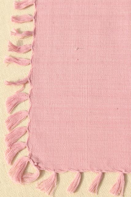 photo of vintage hand woven cotton tablecloth & fringed napkins, country rose pink #9