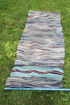 catalog photo of vintage hand woven rag rug, cotton wool long runner for stairs or farmhouse kitchen entry