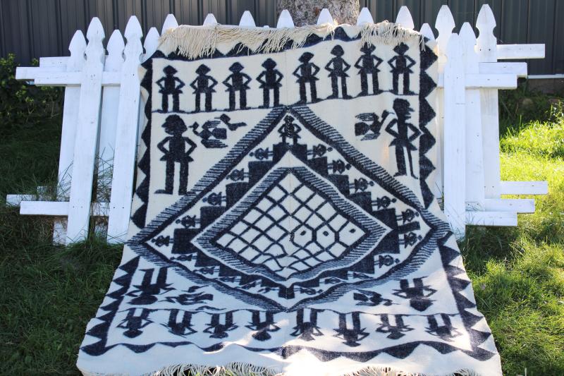 photo of vintage hand woven wool or alpaca Indian blanket blue & white figures traditional design #1