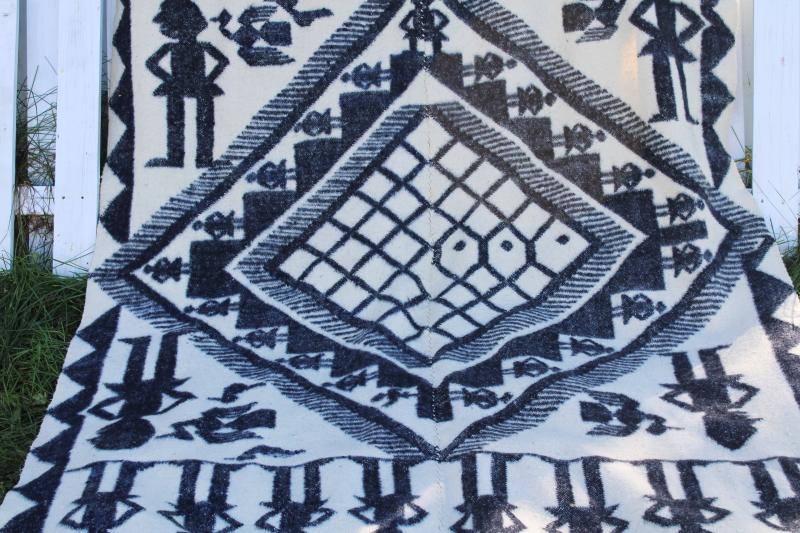 photo of vintage hand woven wool or alpaca Indian blanket blue & white figures traditional design #2