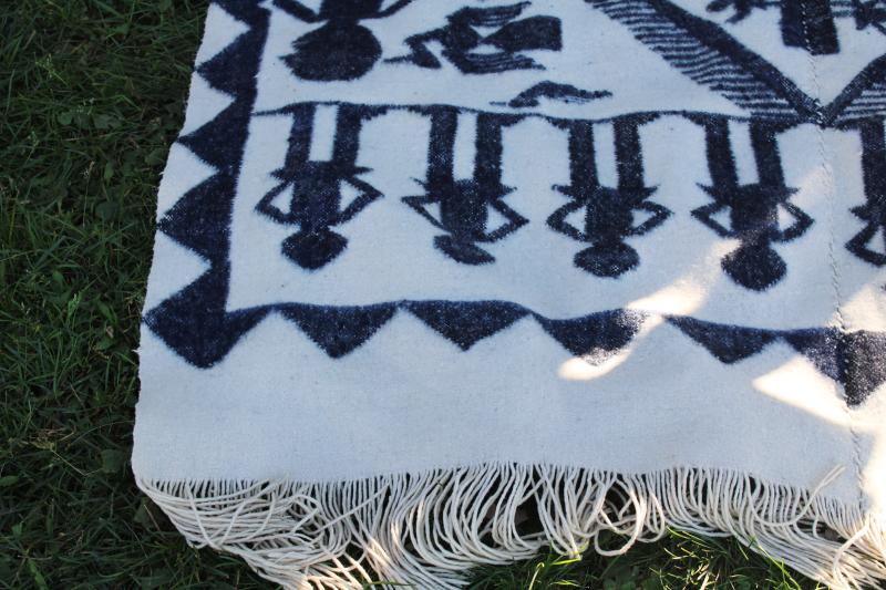 photo of vintage hand woven wool or alpaca Indian blanket blue & white figures traditional design #3