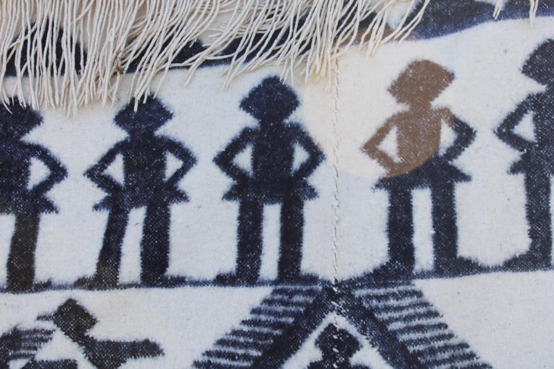 photo of vintage hand woven wool or alpaca Indian blanket blue & white figures traditional design #5