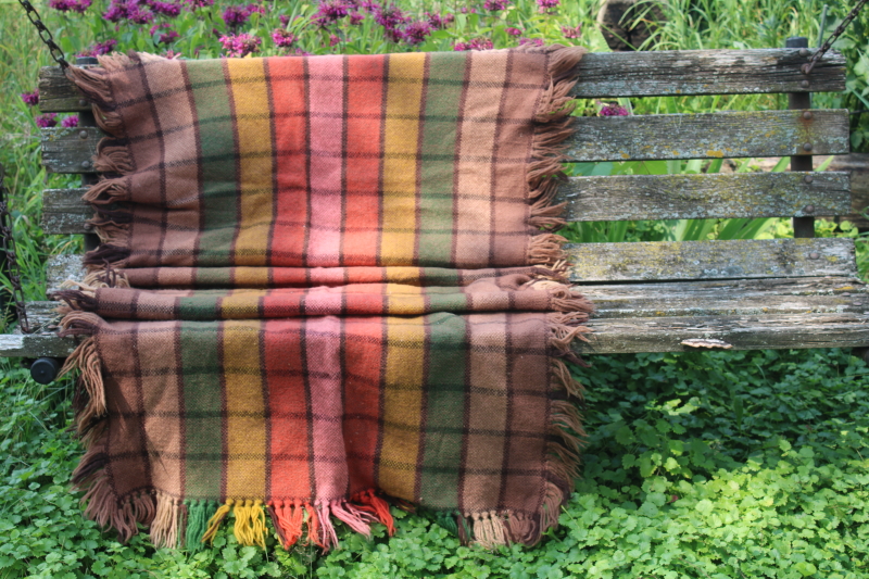 photo of vintage hand woven wool shawl or fringed throw, checked blocks shades of brown w/ fall colors #1