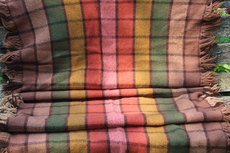 photo of vintage hand woven wool shawl or fringed throw, checked blocks shades of brown w/ fall colors #2