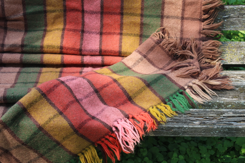 photo of vintage hand woven wool shawl or fringed throw, checked blocks shades of brown w/ fall colors #3