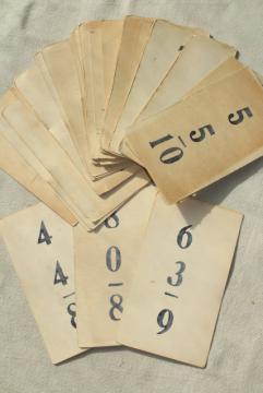 catalog photo of vintage hand written & stenciled numbers school flash cards, antique paper ephemera